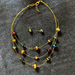 Sparkly Beaded and Gold Wire Necklace with Matching Earrings